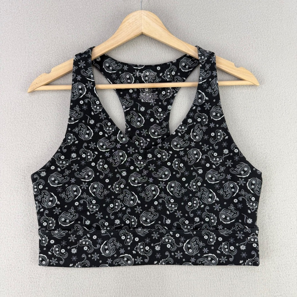 Bebe Sport Paisley Sports Bra Women L Black Activewear Racerback V-Neck Stretch